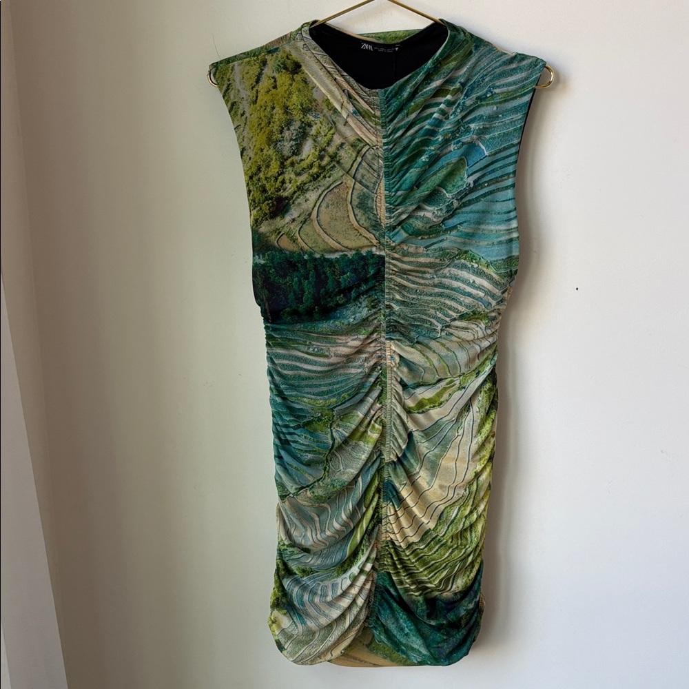 Zara Green Teal Patterned Mini Dress